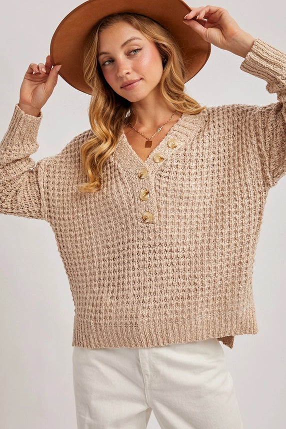 Cozy Girl Thermal Henley Sweater Top Beige