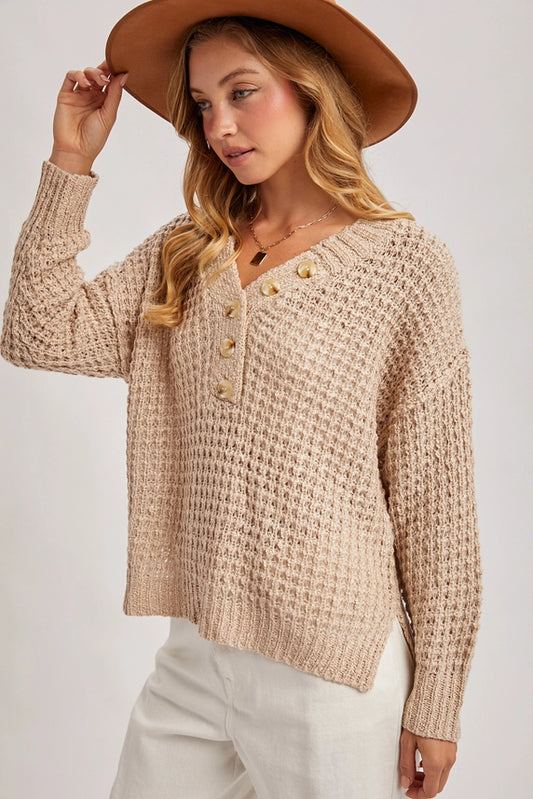 Cozy Girl Thermal Henley Sweater Top Beige