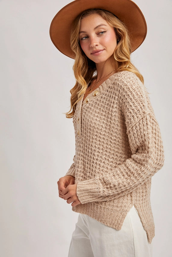 Cozy Girl Thermal Henley Sweater Top Beige
